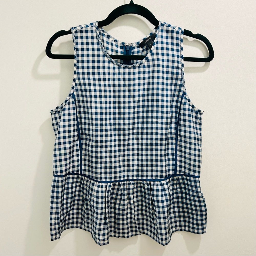 J. Crew Silk Gingham Top 6 peplum plaid blue white tank shirt